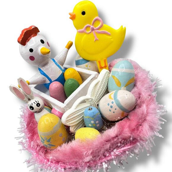 Cute Holiday Spring Handmade Assemblage Decor with Easter Bunny Chicks - Picture 1 of 7